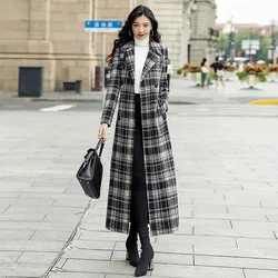 Plaid Woolen Coat Women Long Korean Style Waist Waist 2025 Female Autumn Winter New Thick Slim-fit Over-the-knee Woolen Coat