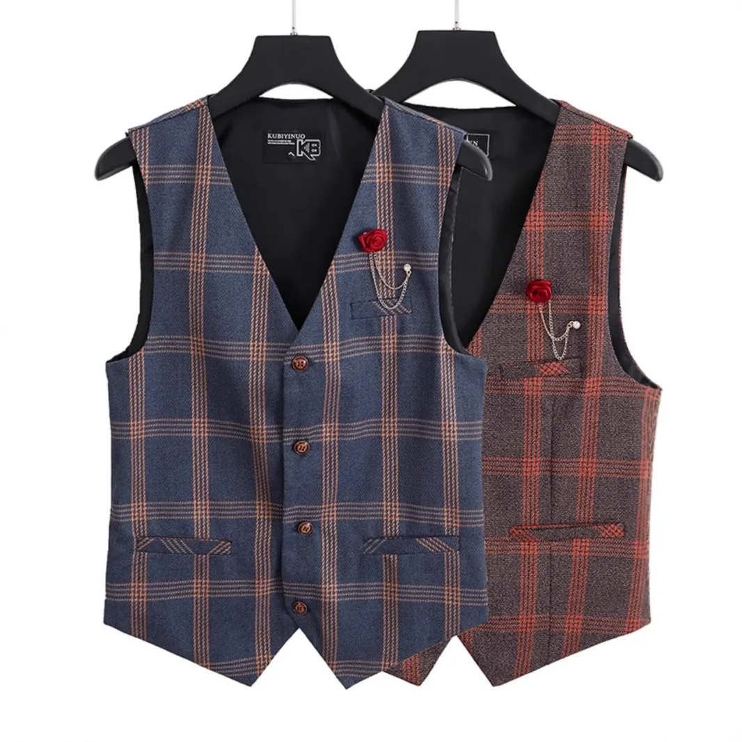 

British Retro Checkered Suit Vest Men's Four Season Commuting Business Casual Slim Fit Versatile Sleeveless Camisole Vest