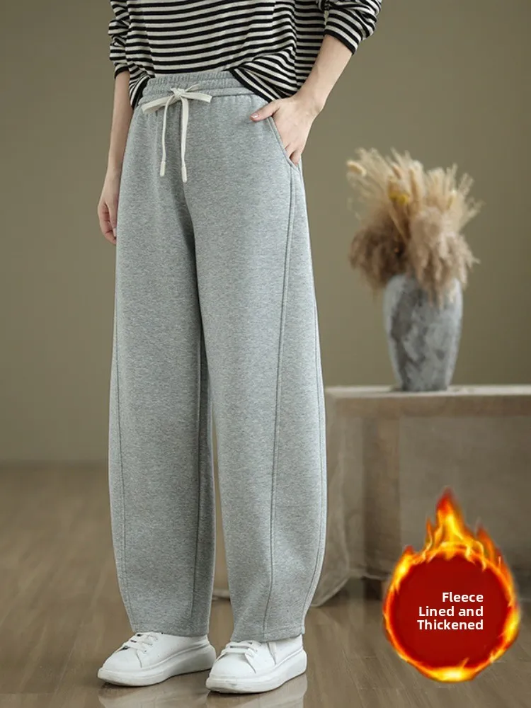 

Thiened Fce Sports Sweatpants Women's Winter Elastic Waist Belted Straight Casual Pants Slimming Warm Banana Pants