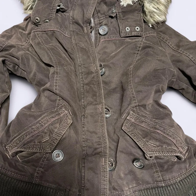 American New Fashion Solid Color Pocket Cotton-padded Jacket Women Y2K Gothic Hip Hop Popular Plus V