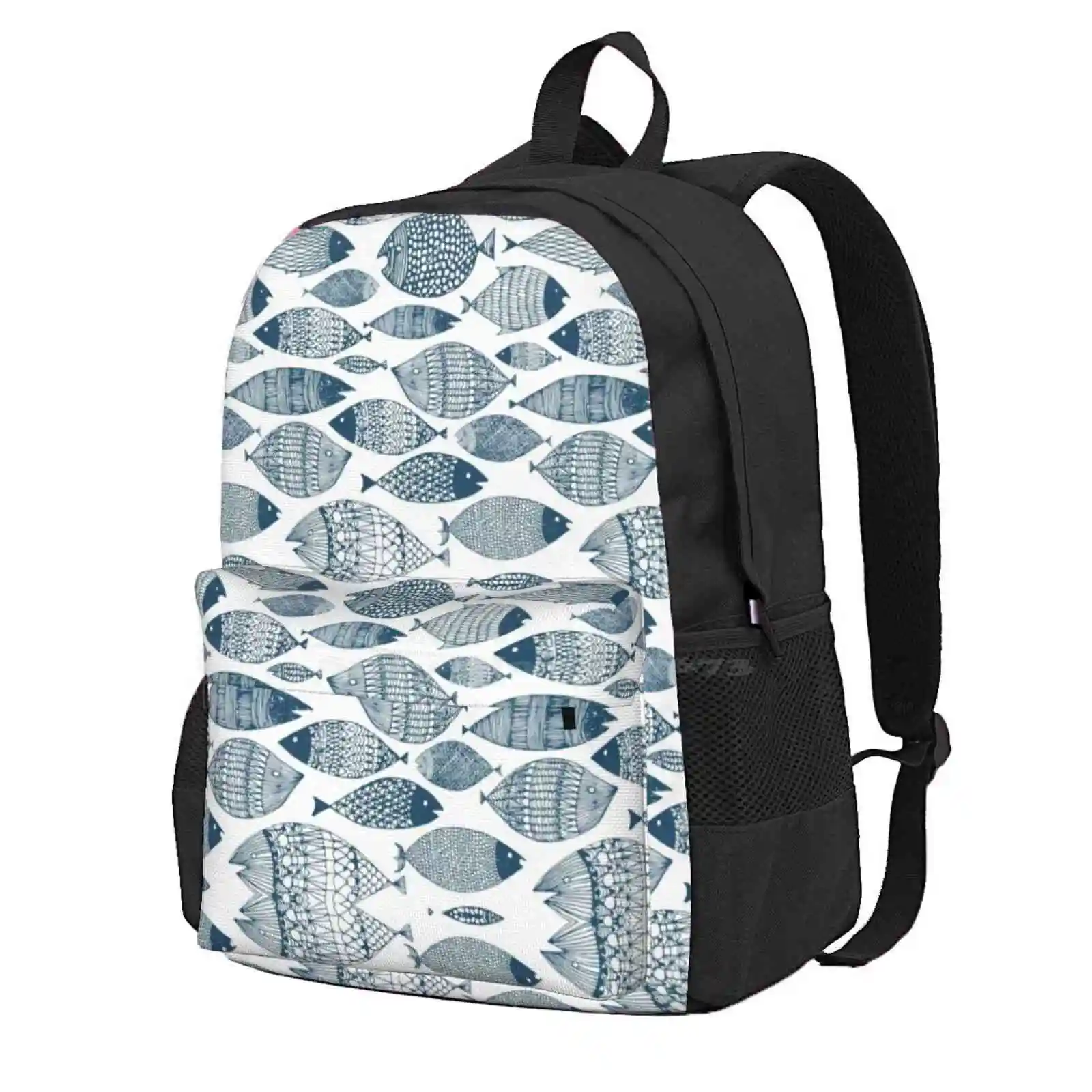 Blue Fish White Hot Sale Schoolbag Backpack Fashion Bags Fish Design Blue White Ocean Life Sea Life Sea Creature Ocean Theme