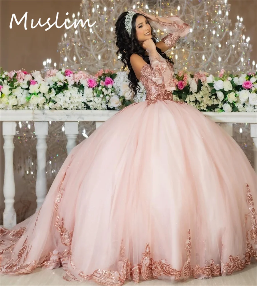 Customzied Pink Quinceanera Dresses With Sleeves Sweetheart Ball Gown Sequin Fifteen Birthday Party Dress Vestidos De xv Años