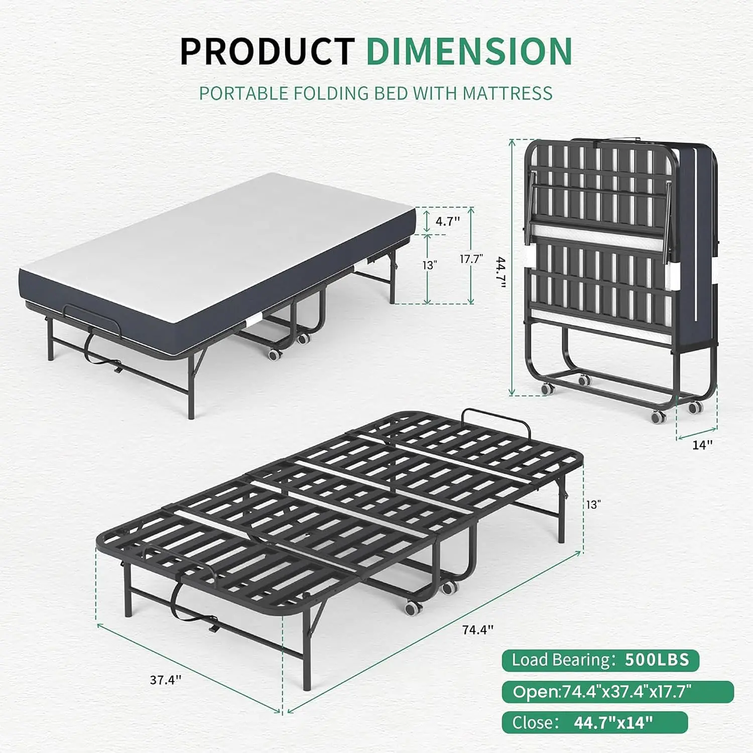 Foldable Bed with 5-Inch Memory Foam Mattress for Adults, 500 lbs Capacity Rollaway Guest Bed with Storage Cover, Sturdy Metal Frame, Space-Saving Portable Design, 75 x 37.4 Inches