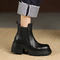 2025 Winter Genuine Leather Ankle Boots Women Shoes Retro Round Toe Women Boots Platform Boots Womens Heels Black Chunky Shoes