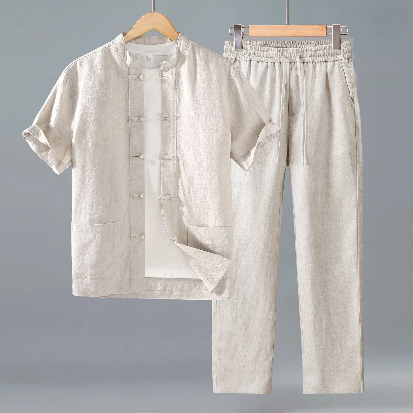 

High-End Pure Linen Short Sleeve Set Men's Retro Tang Suit Button up Shirt with Long Pants Complete Set Summer Youth Clothing