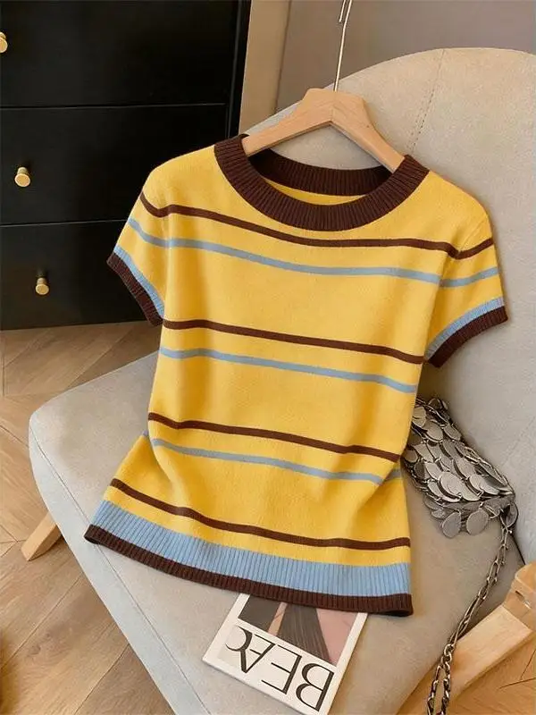 Summer Thin Ice Silk Knitted round Neck Short Sleeve Striped T-Shirt Women's Loose Fit Fashionable Top Large Size Casual Wear