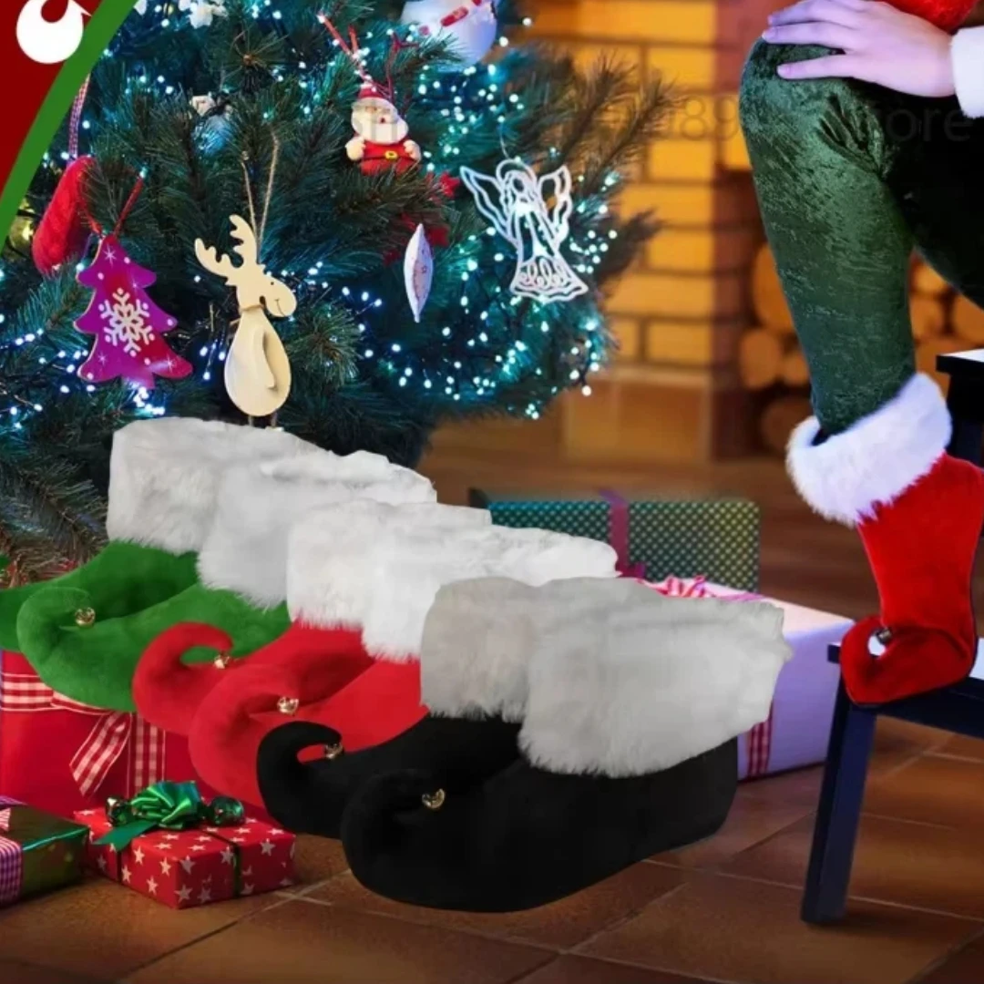 Christmas Elf Shoes Red and Green Santa Elf Shoes Slippers with Jingle Bells Cosplay Boots for Adults Christmas Carnival Party