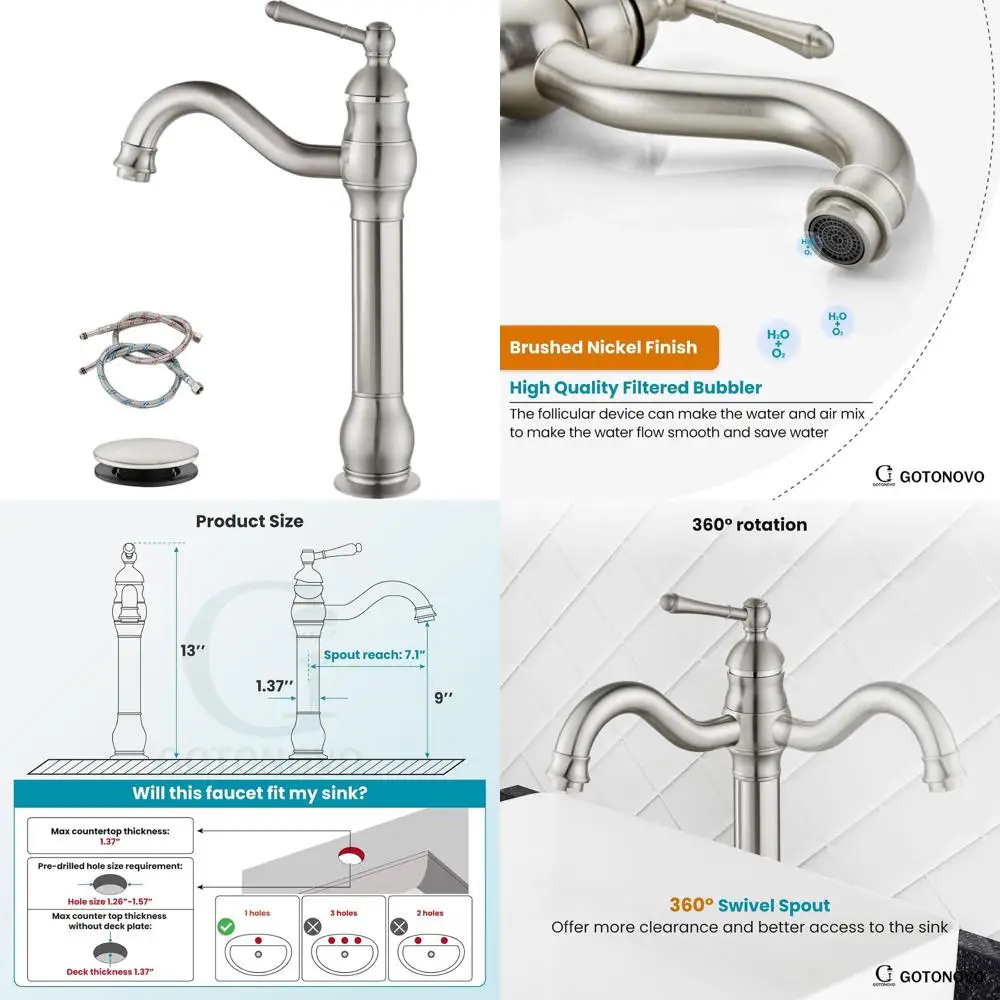 

360° Swivel Single Handle Vessel Sink Faucet with Pop-Up Drain, Brushed Nickel Finish