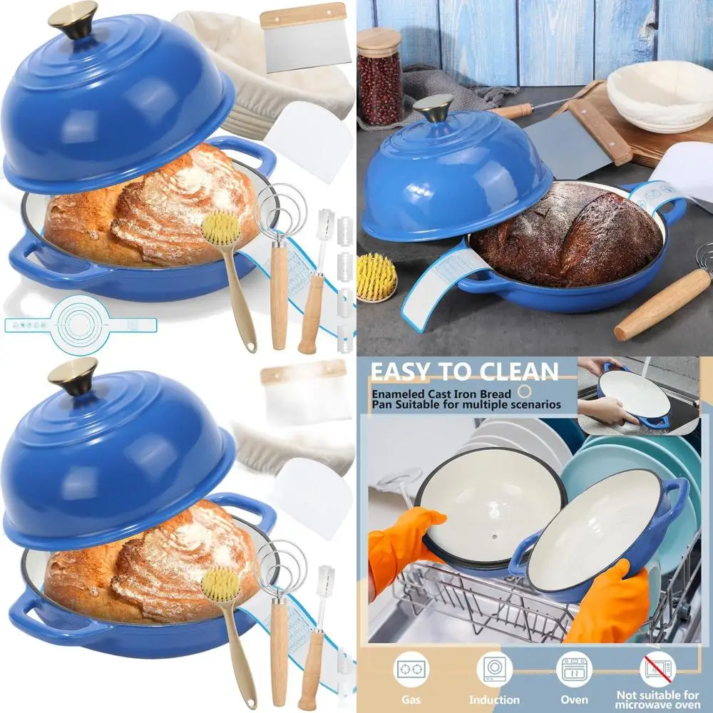 

Blue 5-Quart Enamel Cast Iron Dutch Oven Set with Lid and Bread Proofing Basket for Sourdough Baking and Roasting