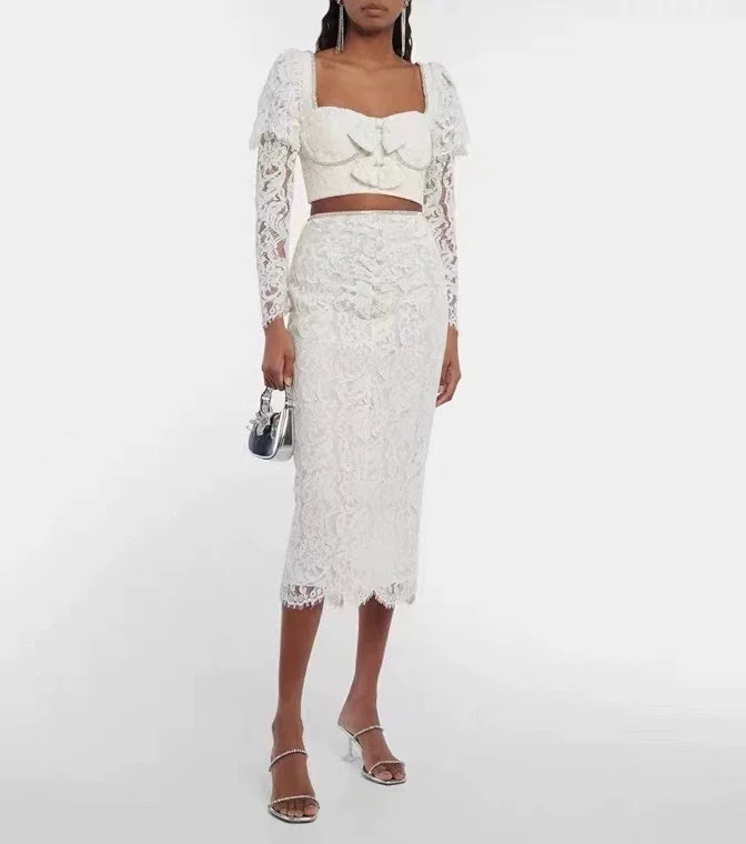 White Lace Patchwork 2024 New Collection High Quality Bow Hollow Out Graceful Spring Summer Long Sleeve Tops and Midi Skirt Sets