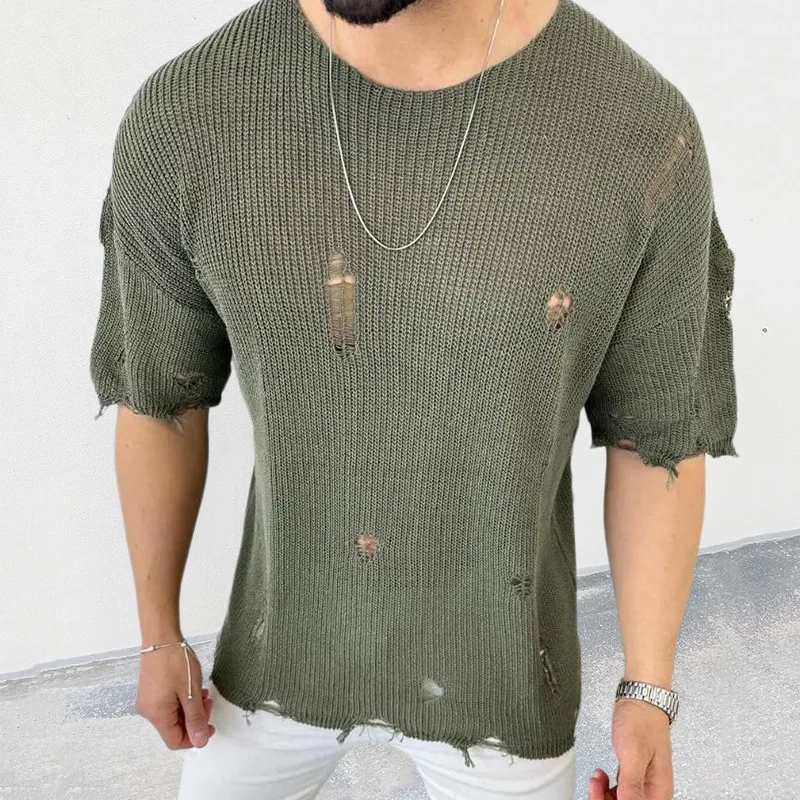 2024 Summer New Men\'s Solid Color Sweater Round Neck Short Sleeve Hollow-out Pullover Sweater Top Shirts