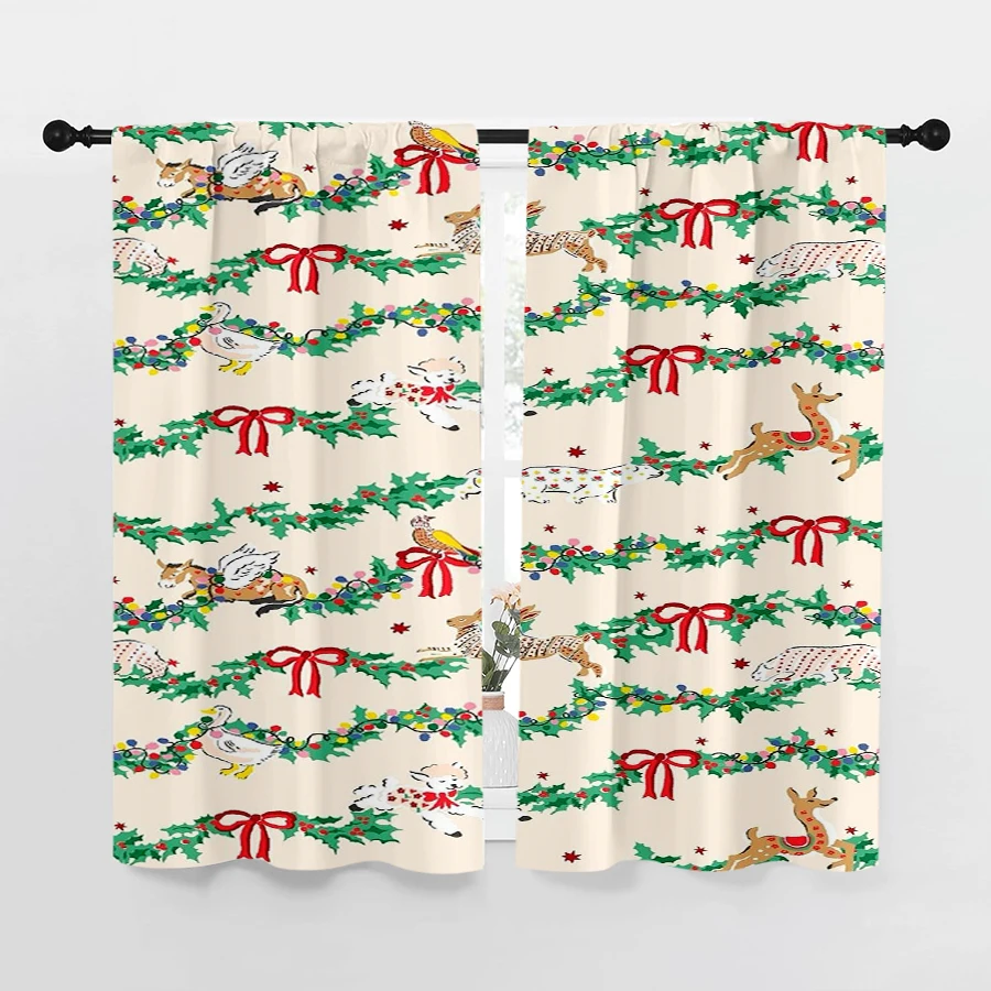 2PCS Christmas Curtains, Animals Holly Garland, Digital Print, Bedroom Living Room Kitchen, Rod Pocket Polyester, Home Decor