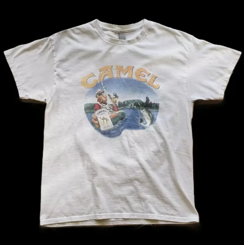 Camel Smoking Joe Fly Fishing White Tee, vintage Promo Tee from the 90s Y2K Era - vintage Y2K T-Shirt Round Neck Top Casual Shortsleeve