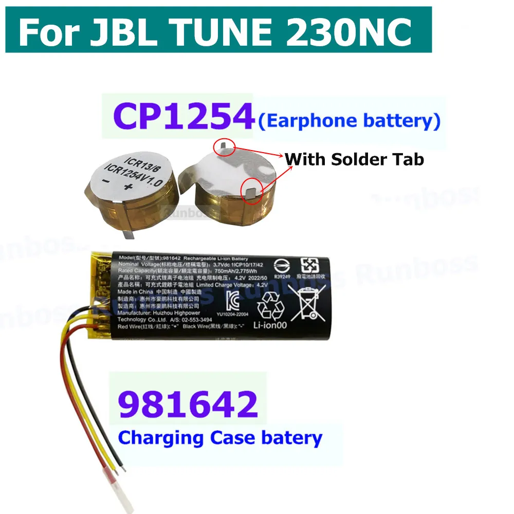 

981642 750mAh Battery for JBL Tune 230NC 230 NC TUNE230NC / For JBL Tune Beam Wireless Bluetooth Headphones Charging Case CP1254