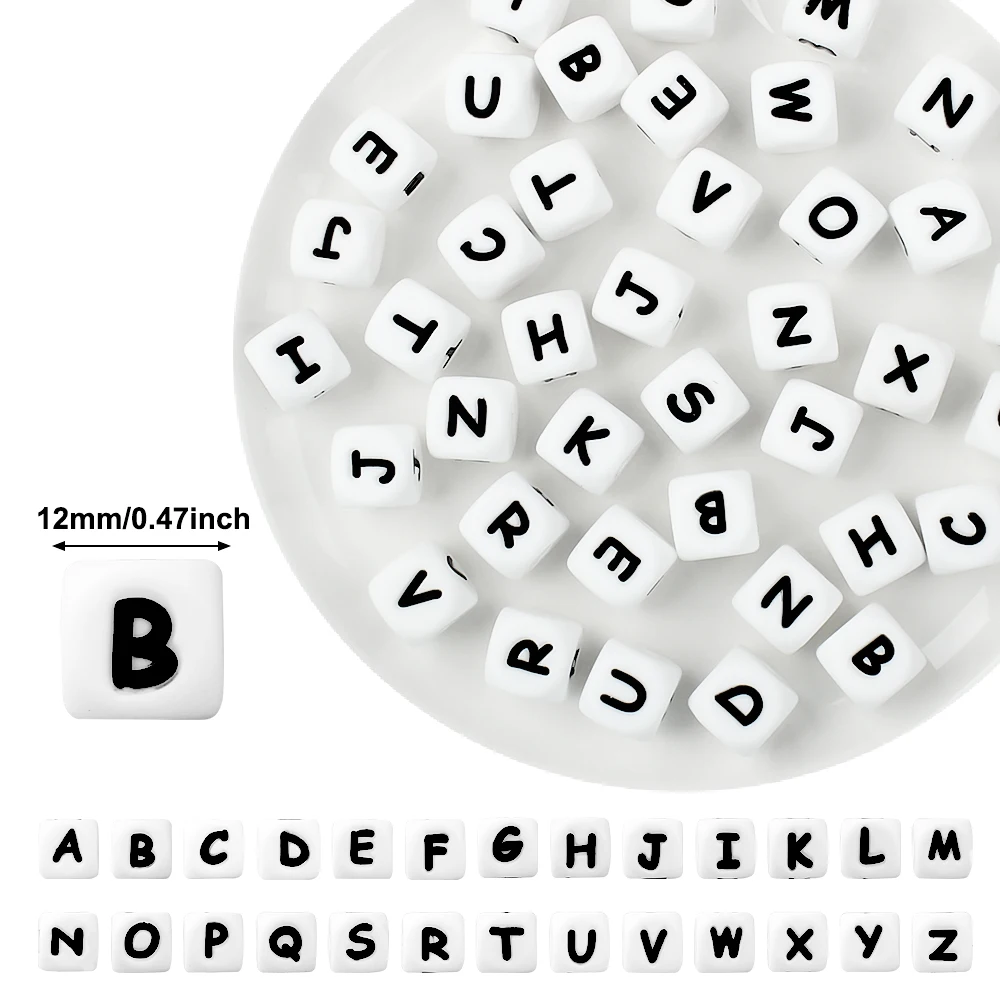 100 stücke 12mm Buchstaben Silikon perlen Baby Alphabet Perlen Beißring Lebensmittel qualität Beiß perlen DIY Schnuller Kette Rassel Zubehör