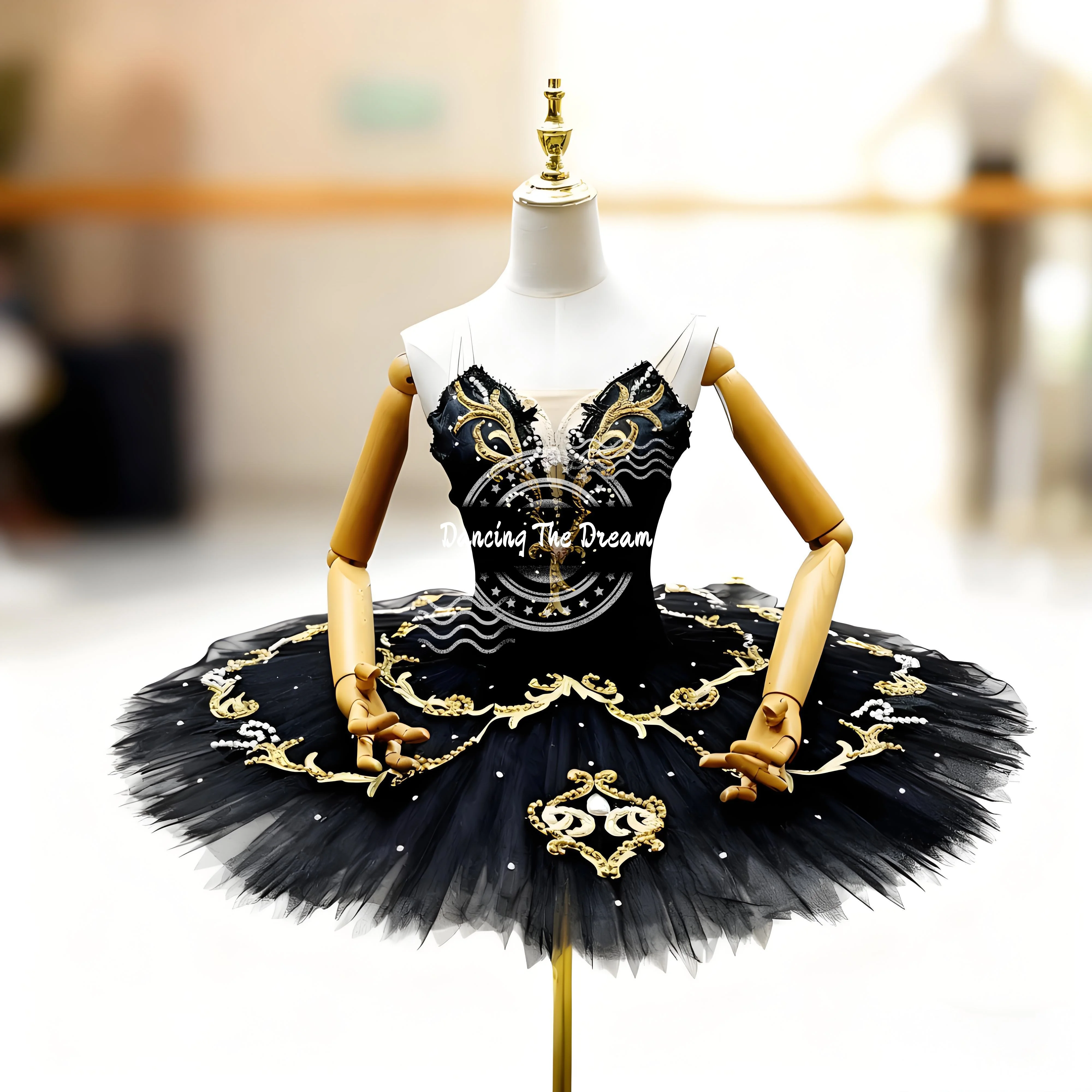 Schwarzgold besticktes Ballett-Tutu-Kleid für Damen und Mädchen, Tanz-Performance-Kostüm