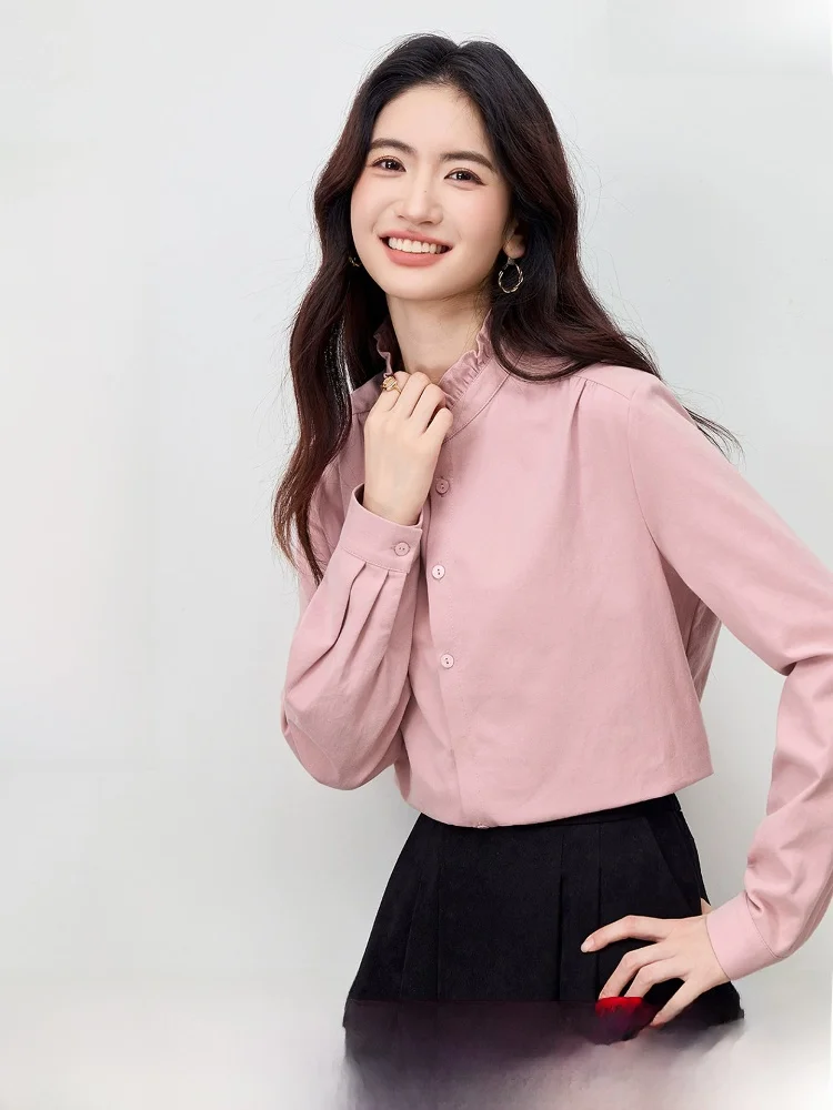 

Spring Commute Women's Shirt Single Button Placket Small Stand Collar Shoulder Pleat Slim Fit Cotton Denim Long Sleeve Pure C...