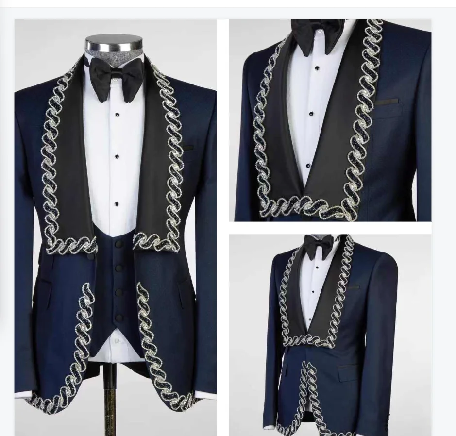 

Navy Blue Men Suits Set 2 Pieces Blazer+Black Pants Trousers Stone Wedding Tuxedos Jacket Formal Office Business Groom Male Coat