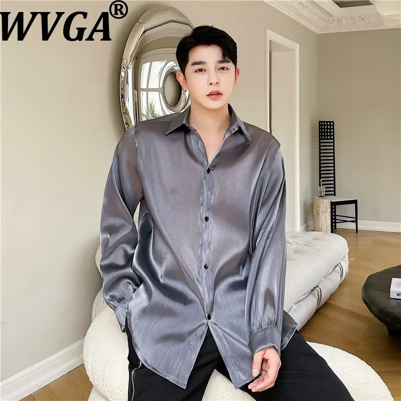 

WVGA Summer New Men Tide Personality Sheer Silky Turn-Down Collar Long Sleeved Shirts Niche Chic Casual Sunproof Tops Ins W19521