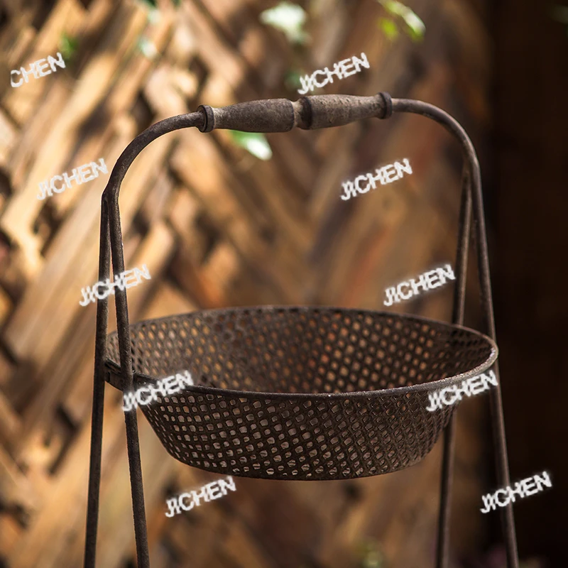 

Vintage Iron Two-Tier Basket Stand, Rustic Metal Plant Holder, Decorative Organizer For Home, Garden, Ritual Display