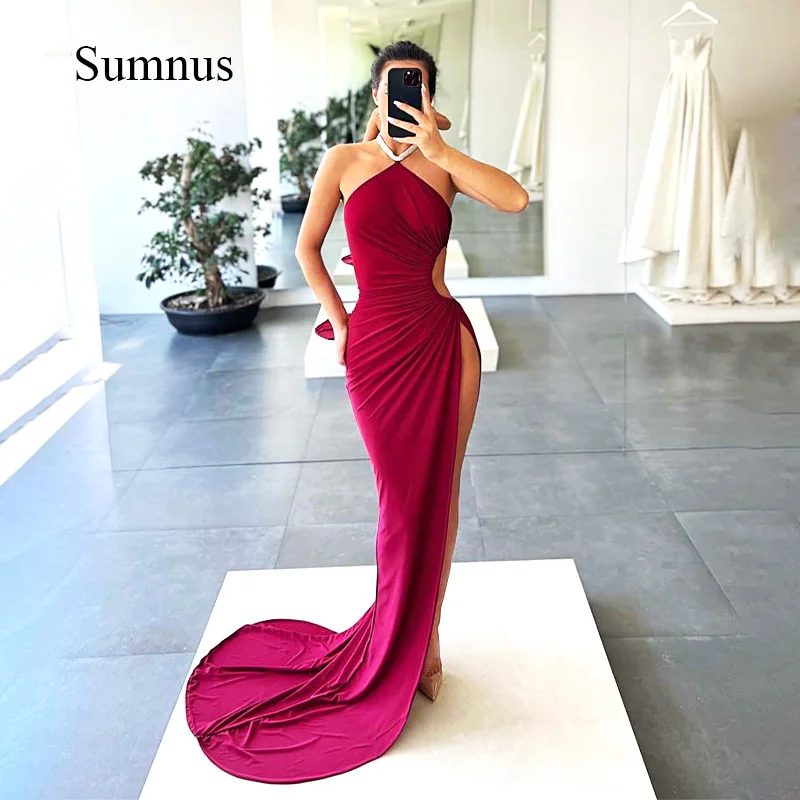 

Sexy Mermaid Prom Dresses High Slit Halter Pleats Cut Out Party Dress Special Occasion Gowns For Women 2024 Robe de Soiree Femme