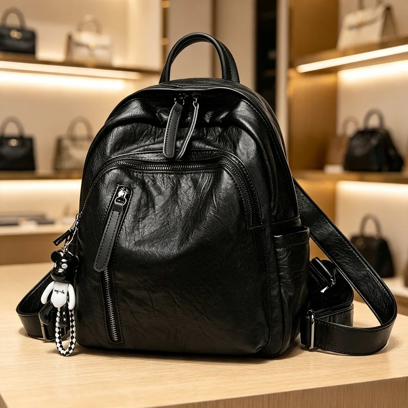 Soft Leather Texture Women Backpack Multi Compartments Cute Doll Charm Large Capacity Casual Travel Daily Rucksack