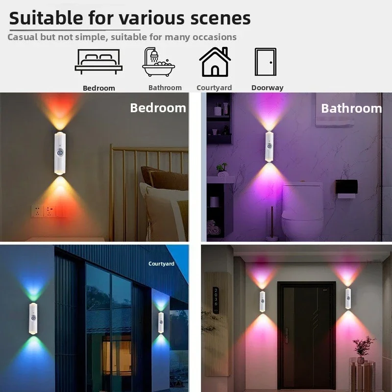Led dupla cabeça sensor de movimento luz rgb gradiente luz noturna recarregável lâmpada de parede magnética para armário corredor escada