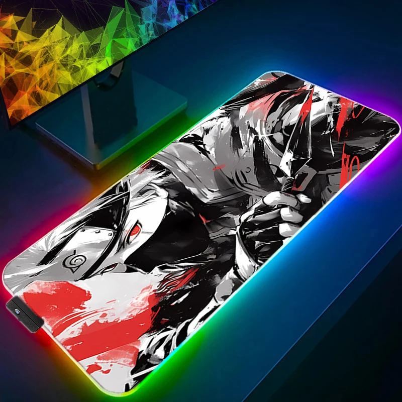 

Игровой коврик для мыши RGB N-naruto Kakashi Hatake с подсветкой, большой коврик для компьютерной геймера со светодиодной подсветкой, резиновый коврик для игровой мыши с запирающимся краем