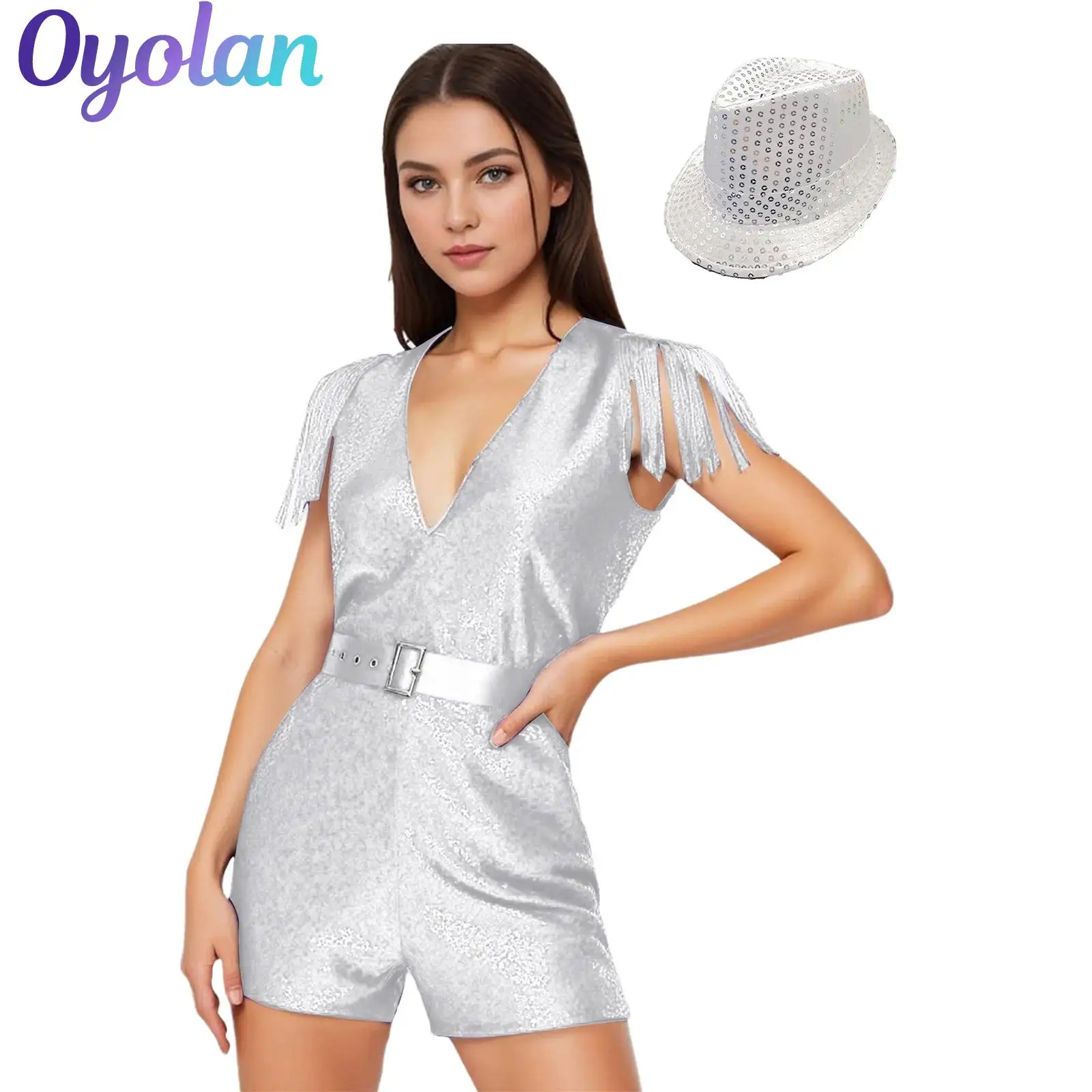 

Womens Hip Hop Jazz Dance Performance Costume V-neck Sequin Tassels Romper Jumpsuit with Belt And A Hat Disco Rave Clubwear