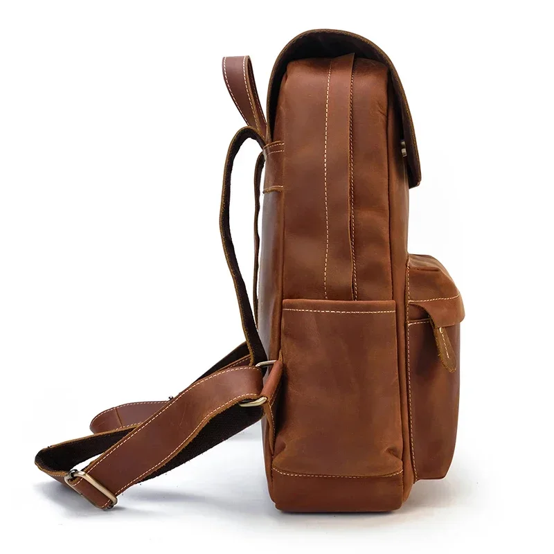 Mochila de couro genuíno masculino, Bolsa para laptop estilo vintage, Bolsa para computador de grande capacidade, estilo handmad, transporte da gota