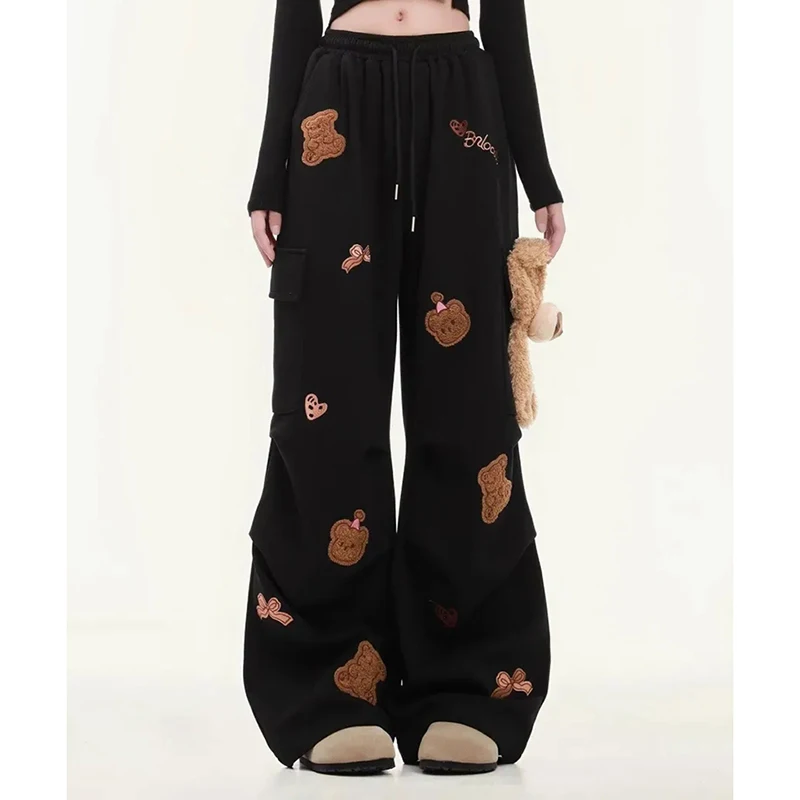 Amerikanische Vintage Nette Bär Jogginghose Frauen Stickerei 3D Schöne Hose Hohe Taille Schwarz Harajuku Y2K Jazz Breite Bein Hosen