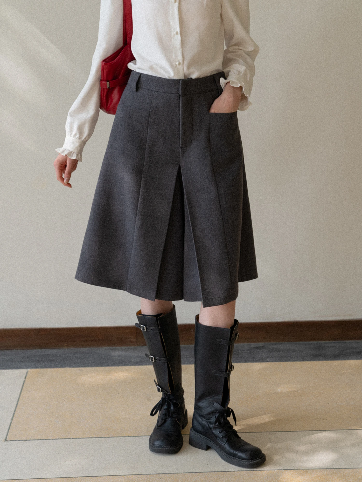 

Юбка трапециевидной формы с высокой талией Eggka, повседневные широкие брюки, женские осенне-зимние простые брюки с пятью точками, модные утягивающие брюки