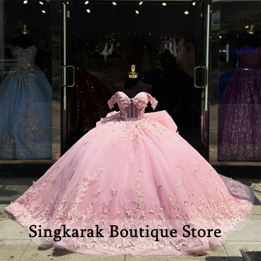 Exquisitos Vestidos De princesa rosa para quinceañera, vestido De baile sin hombros, apliques De mariposa, cuentas De cristales, lazo De 15 Años