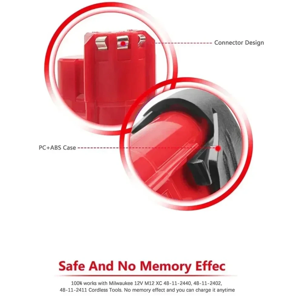 Vhodné pro dobíjecí baterii Milwaukee 12V, kompatibilní s akumulátorovým nářadím Milwaukee M12 XC 48-11-2410 48-11-2420 48-11-2411 - náhled 3