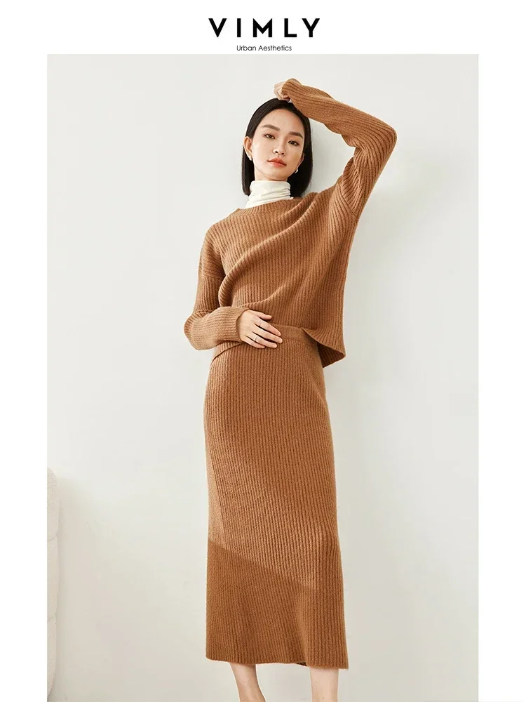 

Vimly Knitted 2 Piece Sets Women Outfit O-neck Pullovers Straight Split Maxi Skirt 2023 Winter Thick Sweater Matching Sets 16502