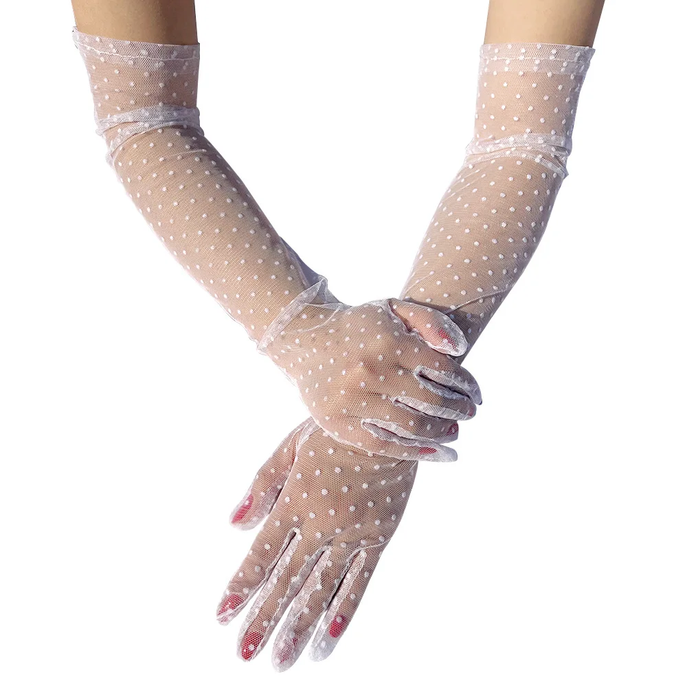 Women's Ladies Long Dots Lace Elegant Sheer Gloves Courtesy Summer for Evening Dinner Parties Lace Net Yarn Gloves