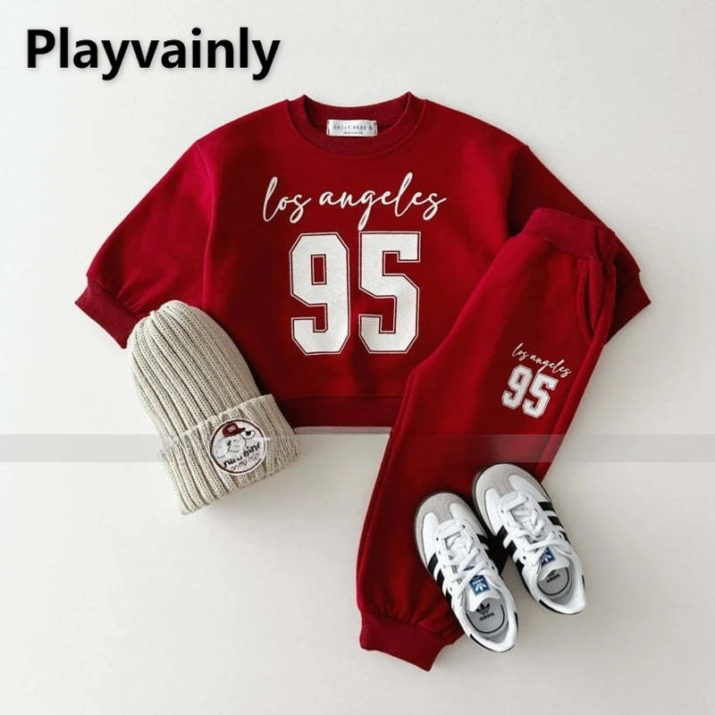 

Весенне-осенний детский комплект, толстовки с длинными рукавами и круглым вырезом с буквенным принтом + штаны для бега, спортивная одежда для мальчиков и девочек, K210