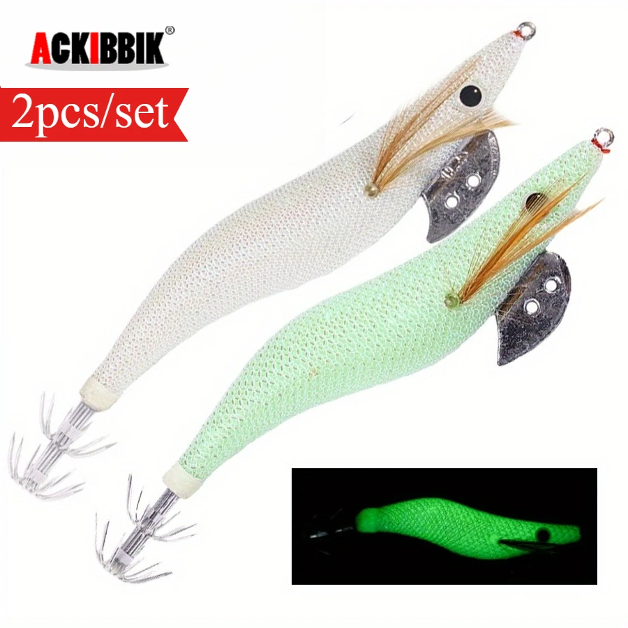 Ackibbik 2 unids/set anzuelo luminoso de calamar señuelo de gambas y camarones cebo duro Artificial Cutlassfish cebo de calamar suministros de pesca