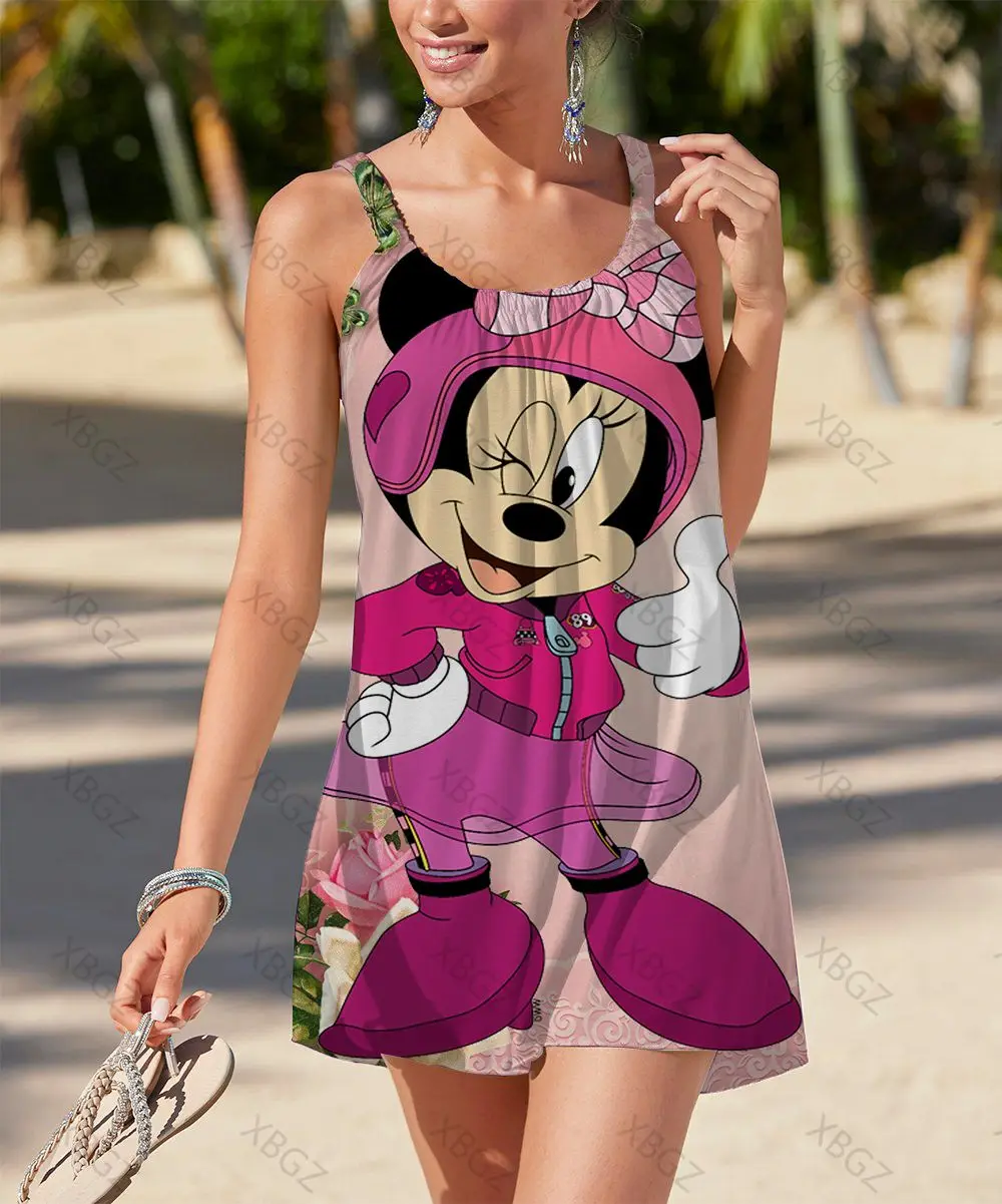 

Loose Minnie Mouse Sexy Dress Robe Cartoon Summer Dresses Woman 2022 Women's 3D Print Fashion Top Sleeveless Mickey Beach Disney