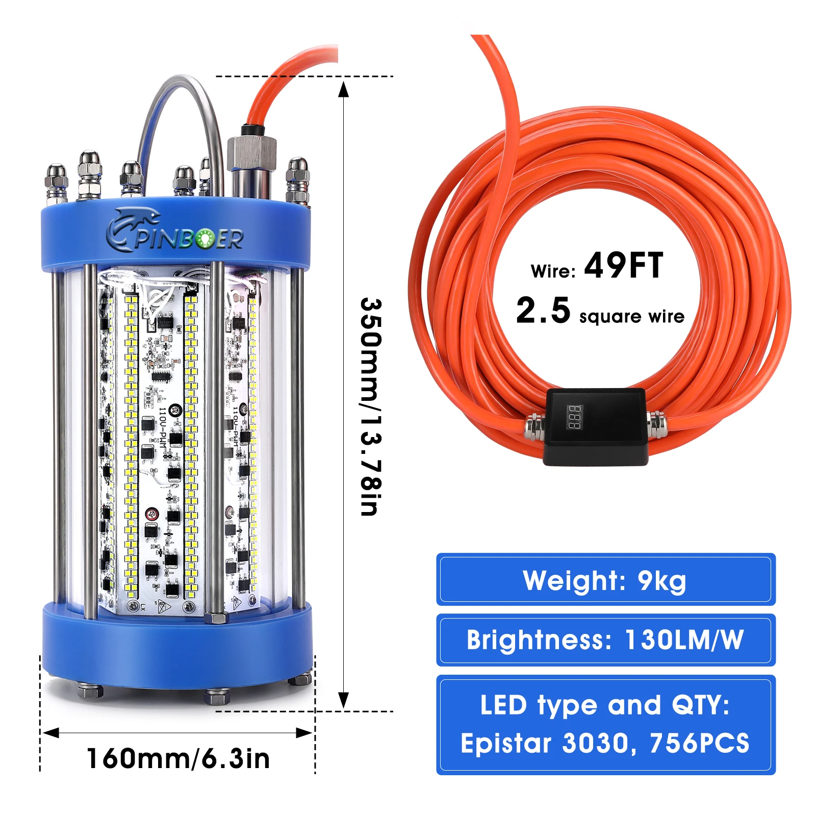 Pinboer Underwater Fishing Light 500W AC110V 65000LM Green Submersible High Power LED Lamp with Dimmable Brightness