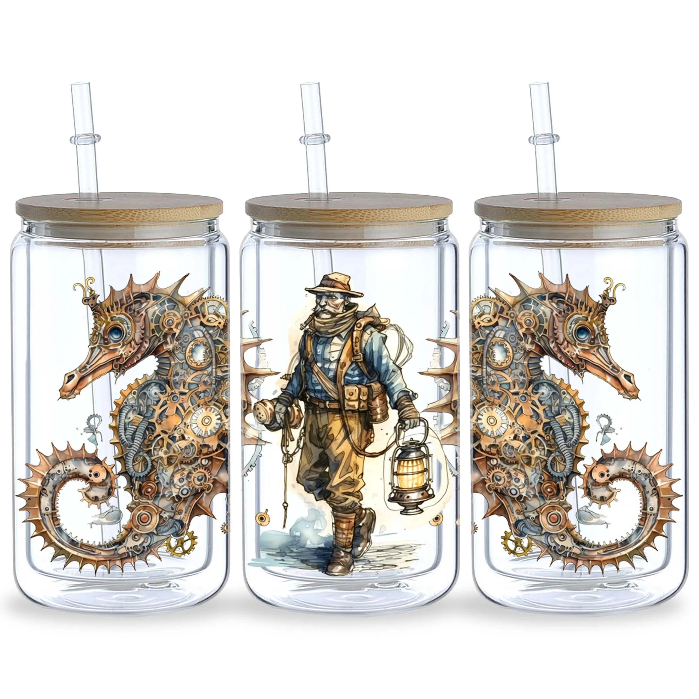 5 sheets Steampunk sea UV DTF cup holder 16 oz, DTF cup holder transfer glass, waterproof stickers, friction transfer stickers