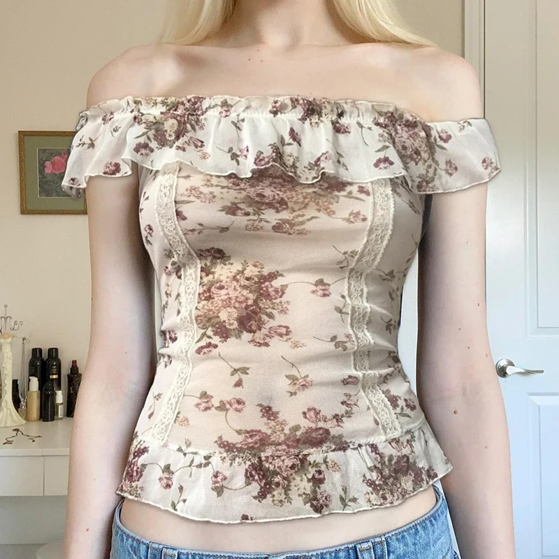 Darlingaga Vintage Flowers Printed Mesh Top Off Shoulder Lace Trim Ruffles Y2K Aesthetic See Through Cropped Tee Shirt Hotsweet