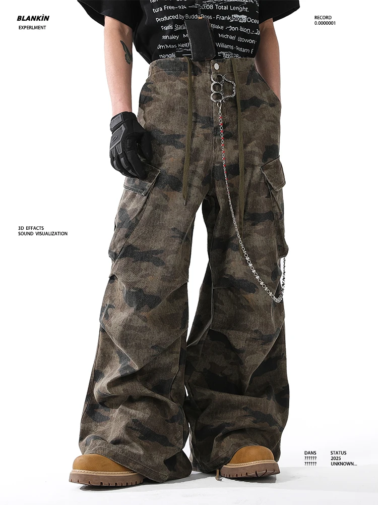 

BLANKIN American Retro Pleated Design Multi-ket Work Pants Loose Wide Leg Camouflage Trousers for Men And Women