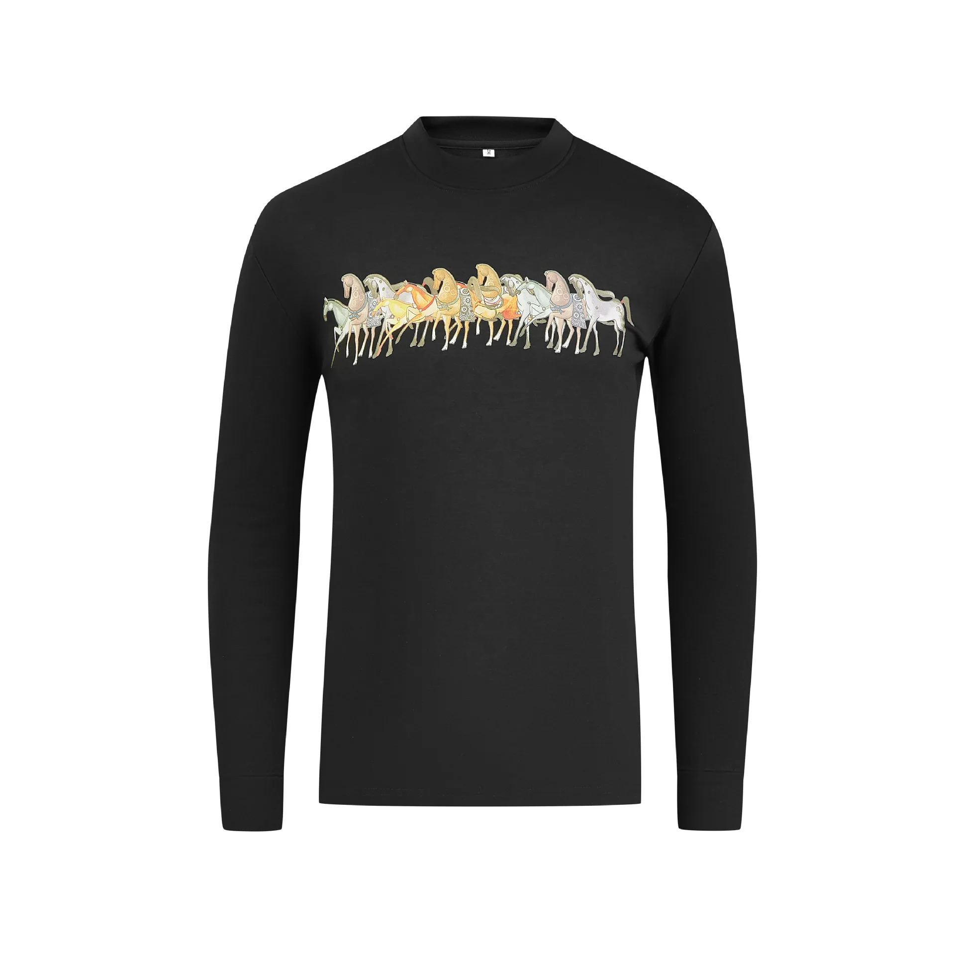 Autumn and winter long sleeved T-shirt with colorful horse print and velvet Tang silk heating Modal warm men's base shirt