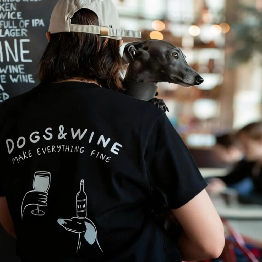 Dogs&Wine Make Everything Fine Letters Printing T shirts Unisex Short Sleeve Loose Cotton Tops Summer Crewneck Casual Tees