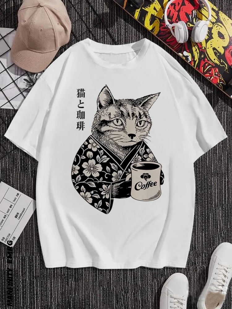 

Футболка с рисунком кота и кофе, милая повседневная футболка с короткими рукавами для любителей кошек, модная женская летняя обычная футболка с рисунком домашних животных, топ