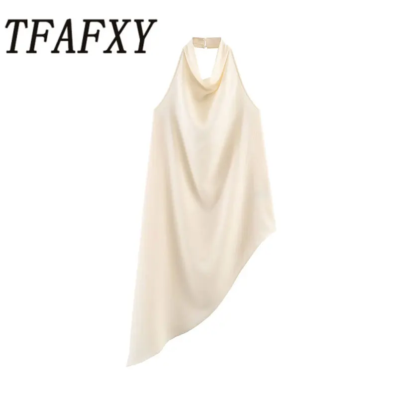 TFAFXY 2026 Sommer Satin Damen Asymmetrisches Camisole Ärmellos Rückenfrei Drapiert Neckholder-Top Sexy Tanktop Y2K