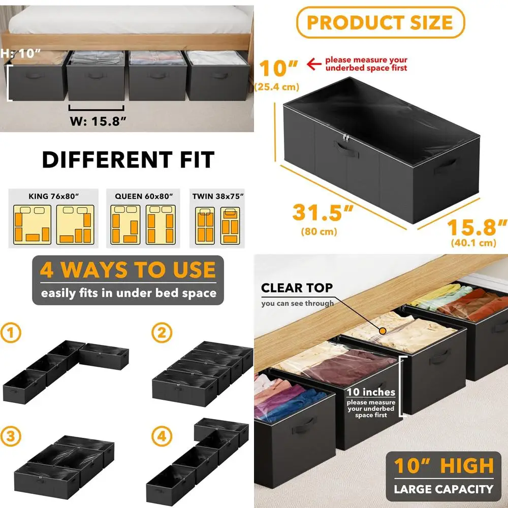 

10 высоких контейнеров для хранения под кроватью, 4 больших органайзера с крышками для спальни, общежития, хранения одежды и постельного белья (черные)