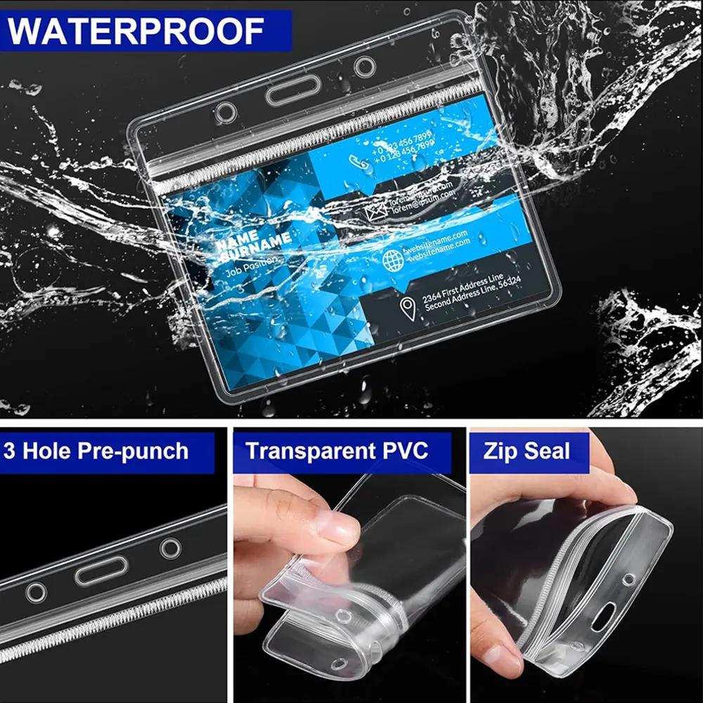 10/20/50pcs clear plastic horizontal name ID holders and blue lanyards, suitable for offices, schools, work volunteers.