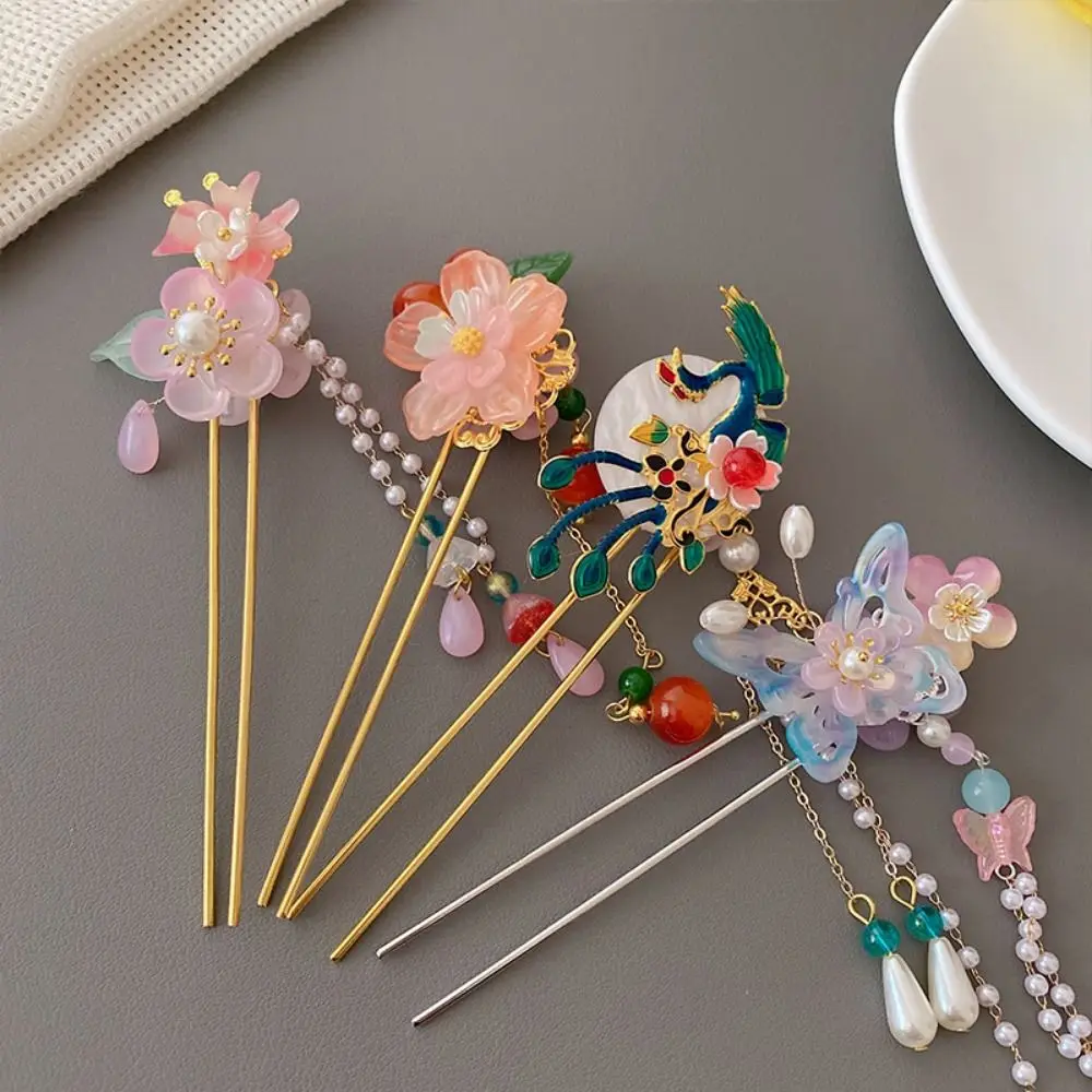 Chinese Style Flower Hair Stick Handmade Vintage Butterfly Hairpin Hair Clips Alloy Hanfu Hair Bun For Girls Children